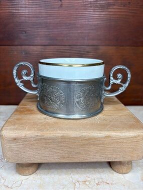Vintage Fine Pewter Double Handle Sugar Bowl with Porcelain Insert Czech German